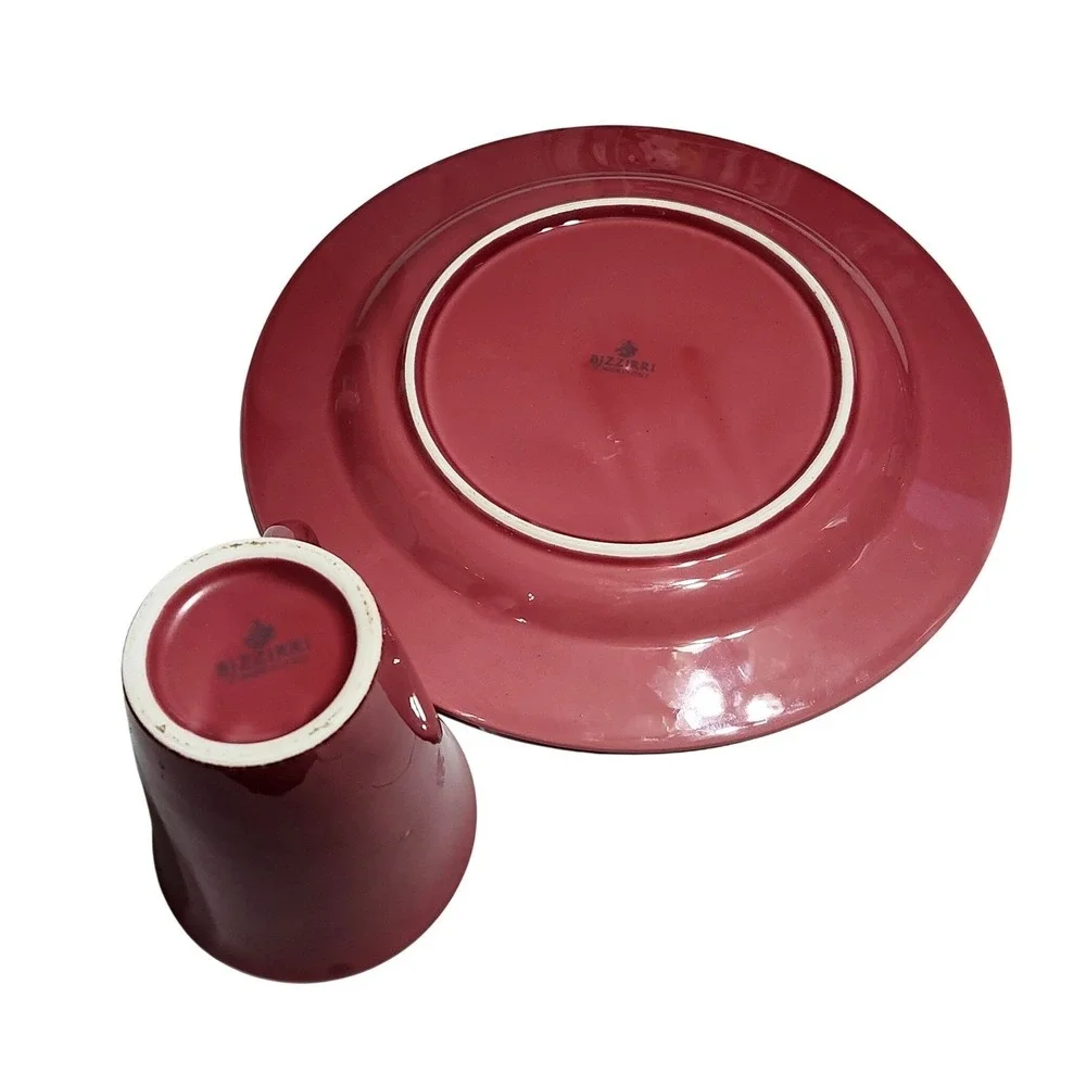 Bizzirri Italy Rose Mauve Ceramic Dinner Plate & Mug 2 Piece‎ Set Distressed Rim